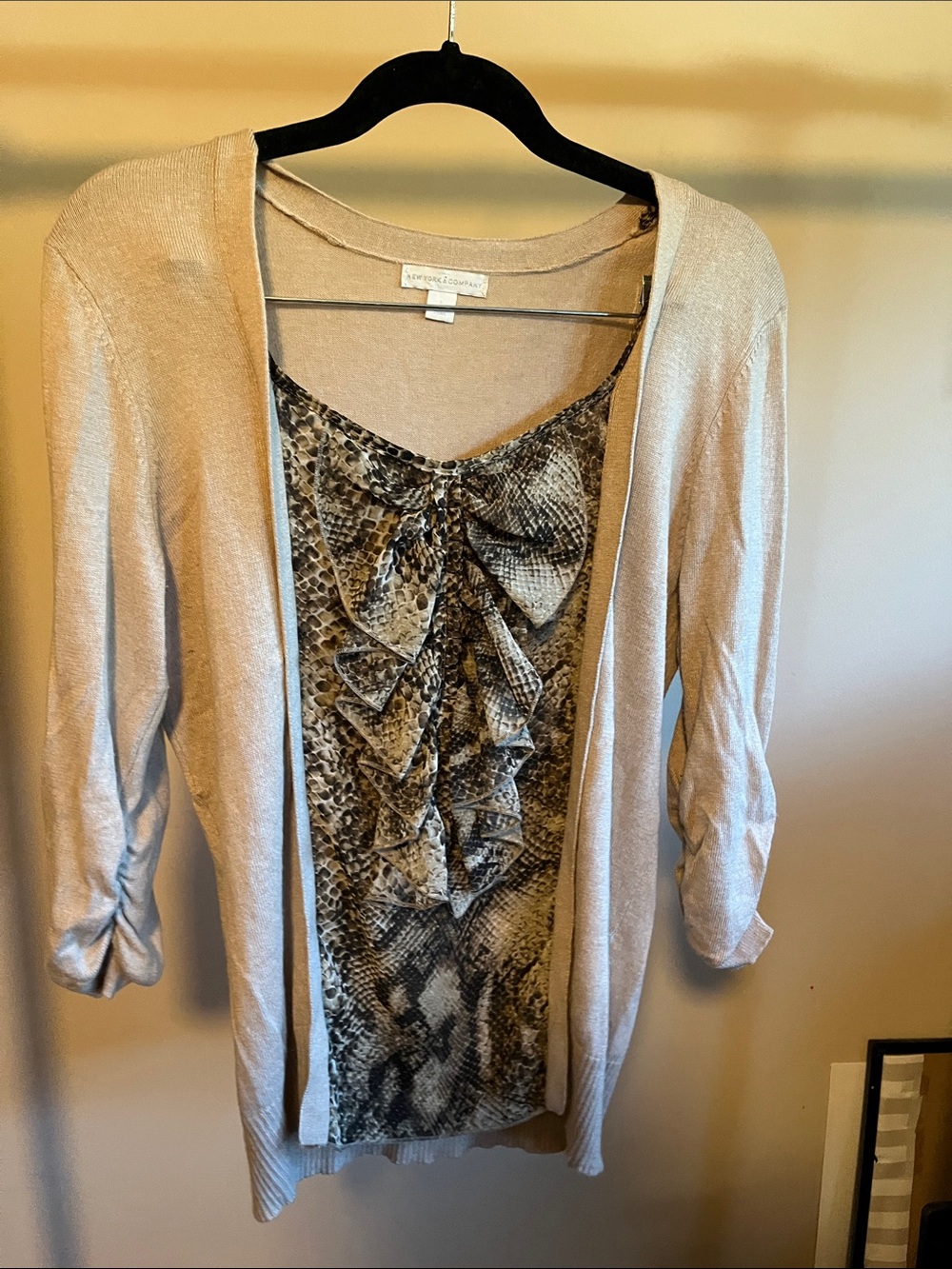 New York & Company Snake Print Ruffle Shell with Light Taupe Cardigan